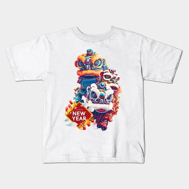 Chinese New Year Extravaganza: Lion Dance Fiesta of Happiness & Fortune Kids T-Shirt by YUED